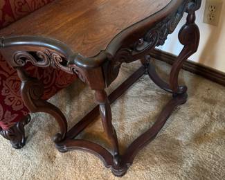 #48 - $90 - Side table Mahogany lots of scrolls 27Lx24x13