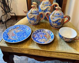 #74 - $150 - Blue Dragonware Moriage Satsuma set 3 tea pots - 6 desert plates, 6 cups and saucers