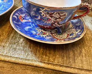 #74 - $150 - Blue Dragonware Moriage Satsuma set 3 tea pots - 6 desert plates, 6 cups and saucers