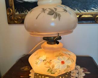 #28 - $58 - Pink glass lamp painted floral double light in base and in shade