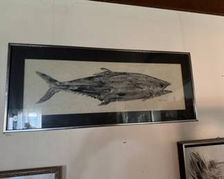 H3- $80 - Signed House etching black & white Fish 