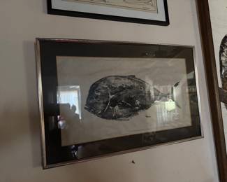 #H1 - $60 - Signed House etching black & white Fish