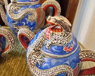 #74 - $150 - Blue Dragonware Moriage Satsuma set 3 tea pots - 6 desert plates, 6 cups and saucers
