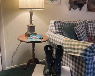 Plaid Sofa, Side Table, Vintage Brass Table Lamp, Footrest, Vintage Hats