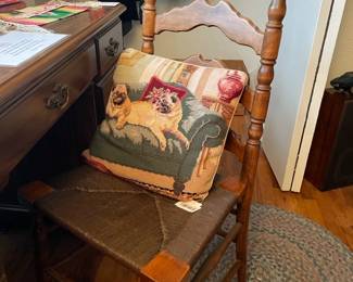 Vintage Chair, Needlepoint Cat Pillow