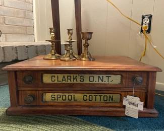 Vintage Clarks Two Drawer Spool Cabinet, Candle Stick Holders 