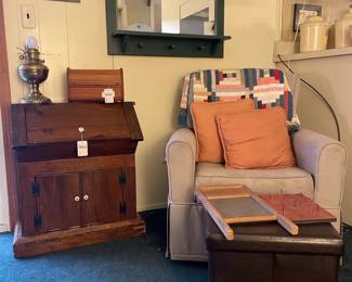 Small Wood Cabinet, Kalmar Designs Roll Top Storage Box, Vintage Lamp, Vintage Washboard, Mirror Wall Shelf