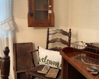 Vtg Wooden Curio Cabinet, Antique Wooden Chair, Welcome Pillow