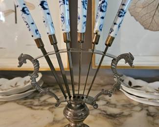 German knives set for cheese and hors doeuvres, with Griffin handles on set and blue and white china handles, unique