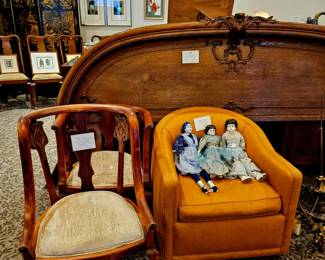 Hand carved chairs from the art nouveau era, raw silk orange chair, dolls