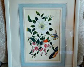 19th c. Silk painting with floral and butterflies