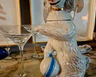 Adorable white poodle w ball liquor Decanter, rare.