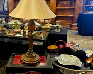 Lamps, vintage hats, stacking side tables