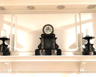 Antique French Bronze & Marble 3Pc Mantle Set Clock Napoleon III