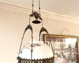 Antique Victorian Hanging Parlor Lamp w/Prisms
