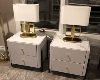 Pair of gray 2-drawer nightstands with synthetic stone tops (each 20”W, 16”D, 19”H) + IKEA Uppvind brass lamps 