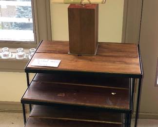 Pottery Barn wood + iron nesting tables (largest is 21”L, 13”D, 24”H), square wood base lamp