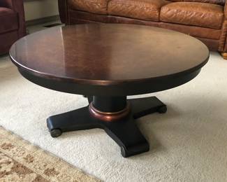 Crate & Barrel “Collina” round coffee table with copper top (36” diameter, 17” high)