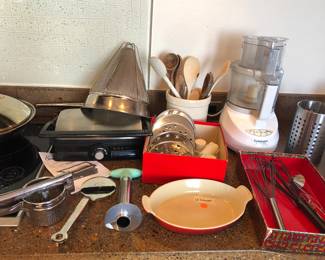 Panini grill, Cuisinart Prep 11 Plus food processor, Le Creuset enamel gratin dish, utensils 