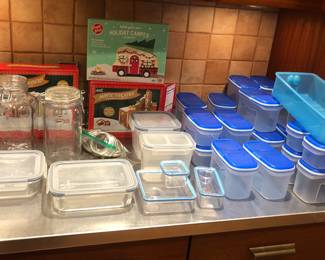 Lots of food storage containers (plastic & some glass)