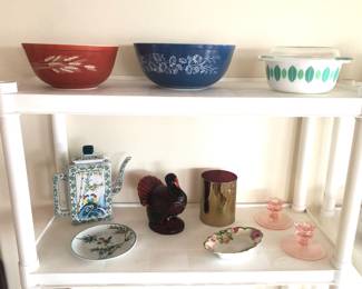 Pyrex bowls, Mod-glass casserole, Lucky Tableware teapot, covered turkey candy dish, pink glass candle holders 