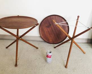Pair of Nils Trautner style teak tripod tray tables - bases fold up (one tray has stain)
