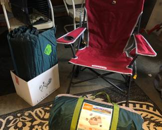 Outdoor gear: Camp Rest Therm-a-rest pad, Kelty camp cabin (4 person, 3 season), GCI Kickback rocker (folds up) 