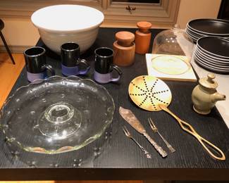 Princess House glass cake stand, K. Thomas studio pottery mugs, 6 qt. white mixing bowl, wooden hand pie rollers, glass + wood cheese dome, brass strainer