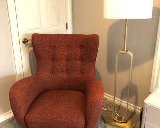 Mod lounge chair by Article (color is orange spice) + IKEA Uppvind brass floor lamp