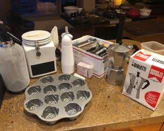 Glass soda siphon, Nordic Ware roses baking pan, Crate + Barrel white canister, Isi cream maker, Marcato pasta maker, 2 Bialetti Moka Express espresso makers 