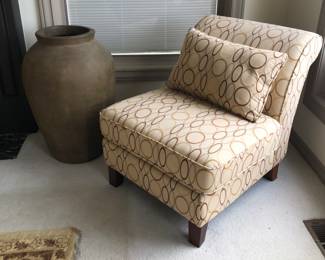 Slipper chair with curved back + pillow (30”W, 32” high at back), Crate + Barrel big ceramic pot/vase (30” tall)