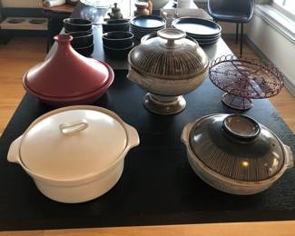 Emile Henry tagine, Bennington Potters white covered casserole, John Fassbinder studio pottery tureen, Koktobuki Donabe Japanese hot pot (striped), red wire cake stand