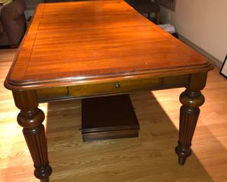 Rectangular dining table with drawer at each end (as shown: 44”W, 30”H, 94” long with one 18” leaf in place) Table is 76” long with no leaves, 112” long with both leaves  in) 