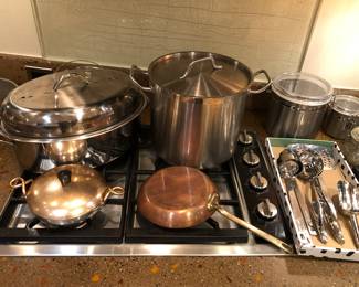 Large stainless roaster, Winco 16 qt. stainless stock pot, Williams Sonoma copper skillet, Wear-Ever Hallite pot with copper lid