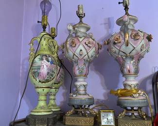 Vintage Italian Porcelain Lamp, Pink / Green Ornate Lamp, Capodimonte Style Lamp