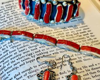 Indian Pawn Chimney Butte coral sterling cuff, bracelet and earrings.