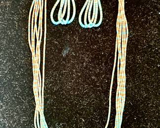 Extraordinary heishi turquoise and shell finely made necklace and earrings. So tiny, amazing!