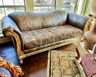 LEATHER SOFA WITH CHENILLE.