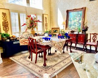 LARGE DINING PACKED FULL OF WATERFORD CRYSTAL, COBALT STEMS, ART, SILVERPLATE AND STERLING!