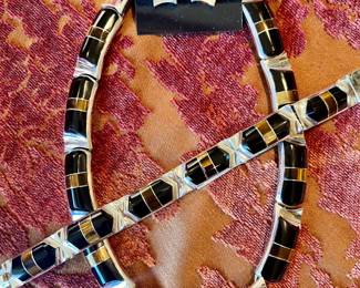 Mexican sterling onyx and tiger eye necklace bracelet and earrings.