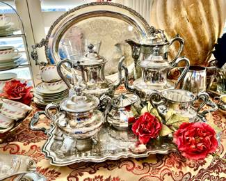 LOVELY TEA SERVICE ON TRAY.  POP A FEW FLOWERS IN THERE FOR COLOR.
