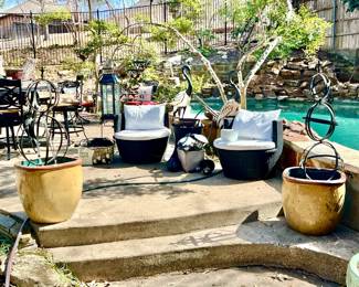 LOTS OF FANTASTIC PATIO FURNITURE, POTS FROM CALLOWAYS, STATUARY, AND OUTDOOR DECOR.