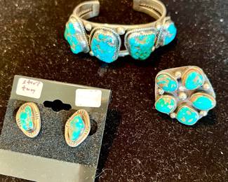 Turquoise Sterling Indian cuff, ring and earrings.