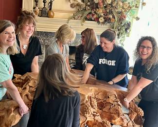 YES, THIS ACTUALLY TOOK ALL OF US!  HUGE HAND CARVED WOODEN TABLE!