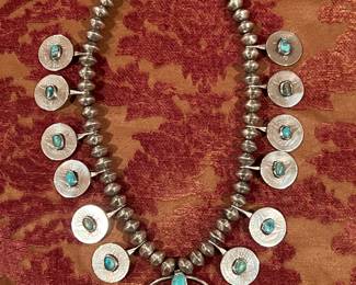 Indian Pawn fine jewelry Sterling turquoise squash blossom necklace made out of silver Morgan dollars, Barber dimes, etc. c1950s. Amazing!