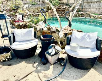 ALL-WEATHER WICKER CHAIRS AND TABLE.