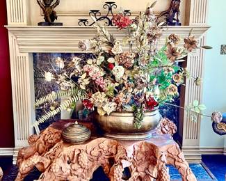 STAND OUT BRONZES AND LARGE CARVED WOOD TABLE WITH GRAPE CLUSTERS.  MORE PICS BELOW.