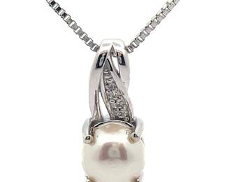 NEW! Cultured White Pearl & Diamond Love Knot Pendant Necklace