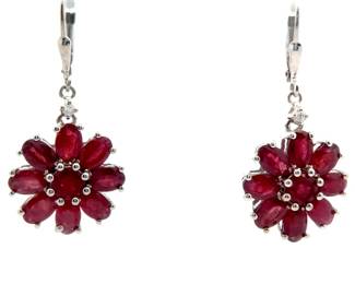 Natural Ruby Cluster Flower Dangle Lever Back Earrings