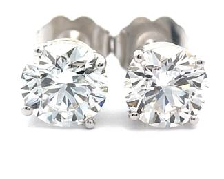 Sparkling 2 Carat Diamond Classic Solitaire Stud Earrings in 14k White Gold